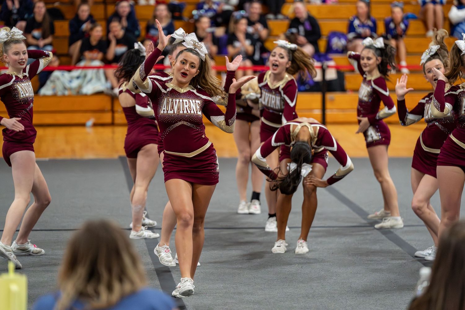 Fv3 Media Athlete Ambassador Indi Guilbeault - Cheerleader Captain for Alvirne High School cheering as a base at a NHIAA spirit competition