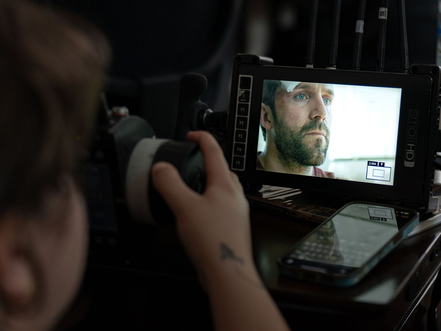 Behind the scenes photo of actor Ian Brownhill on the set of New England hiking drama feature film All You Have in Lincoln New Hampshire