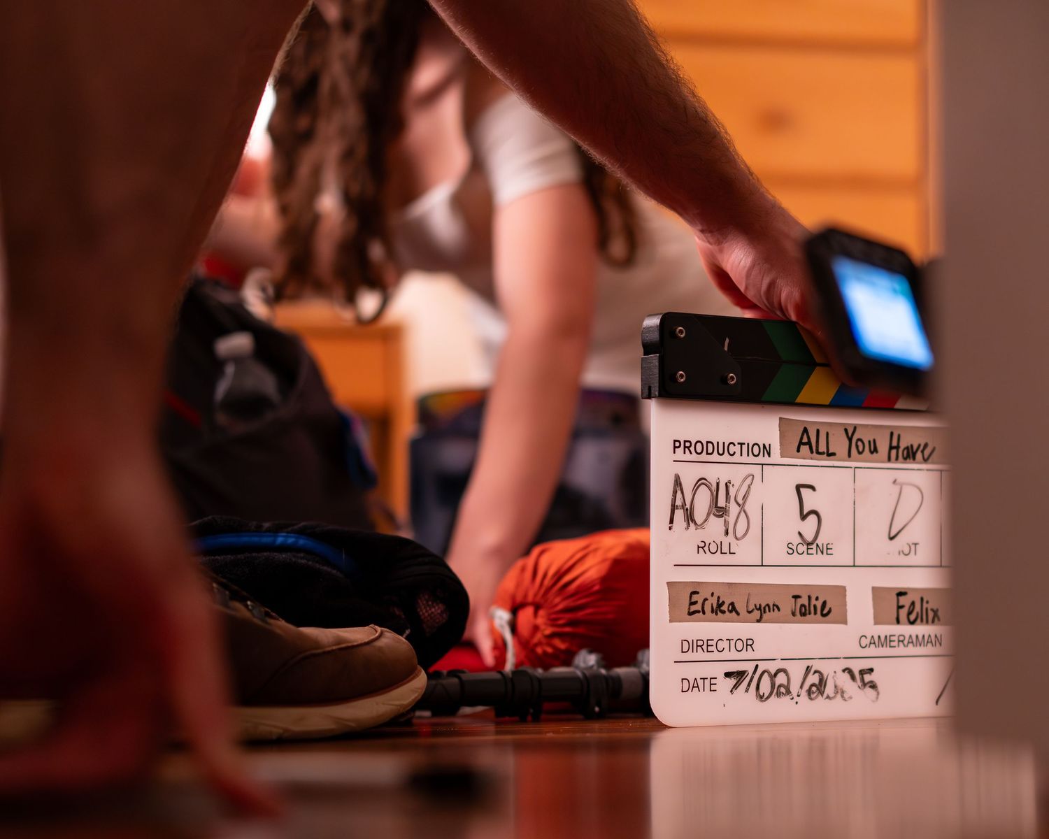 Behind the scenes photo of actress Ashley Brooke on the set of New England hiking drama feature film All You Have in Lincoln New Hampshire