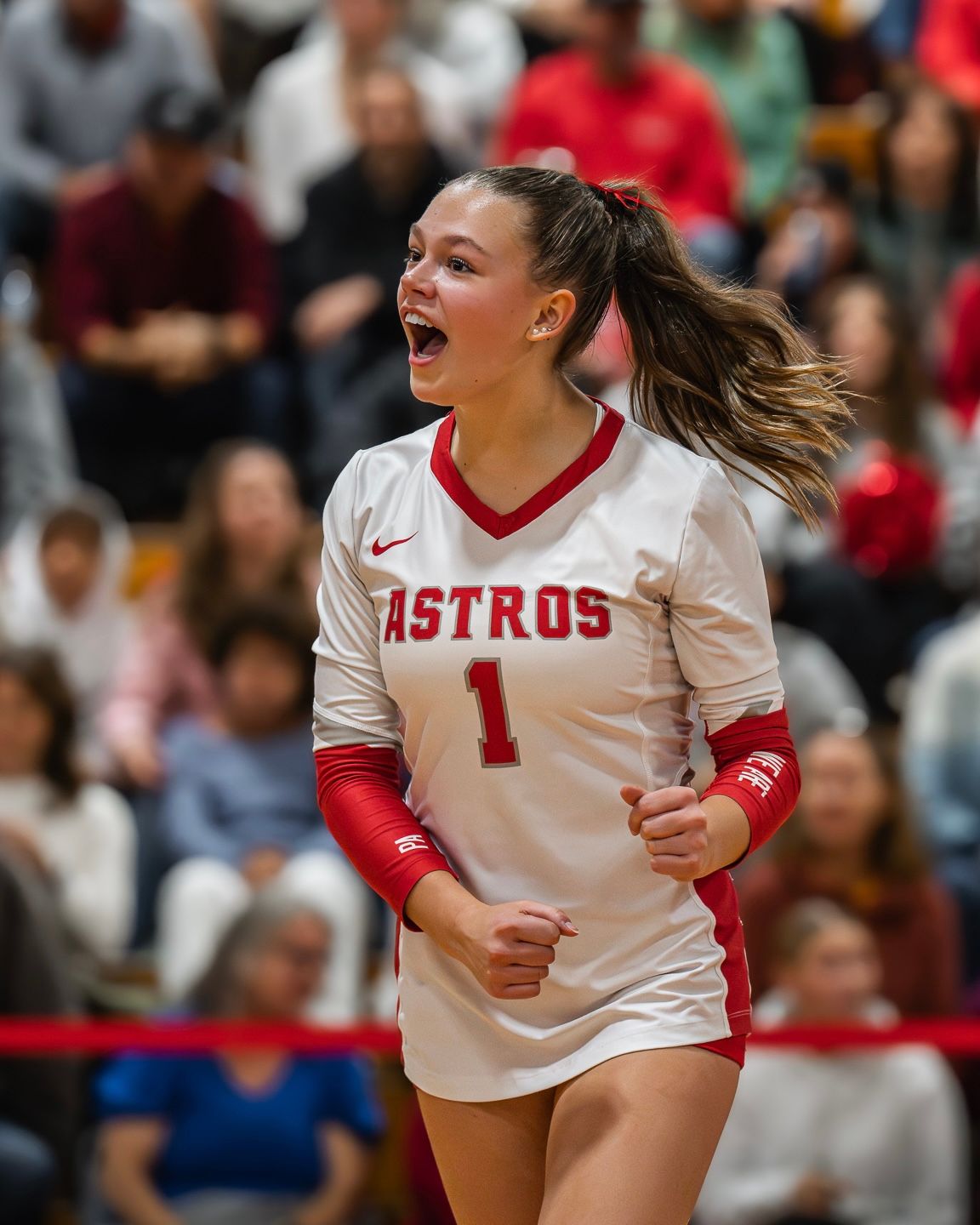 Fv3 sports photography Pinkerton Astros girls volleyball Lucy Denu hype moment of celebration at New Hampshire NHIAA championship game