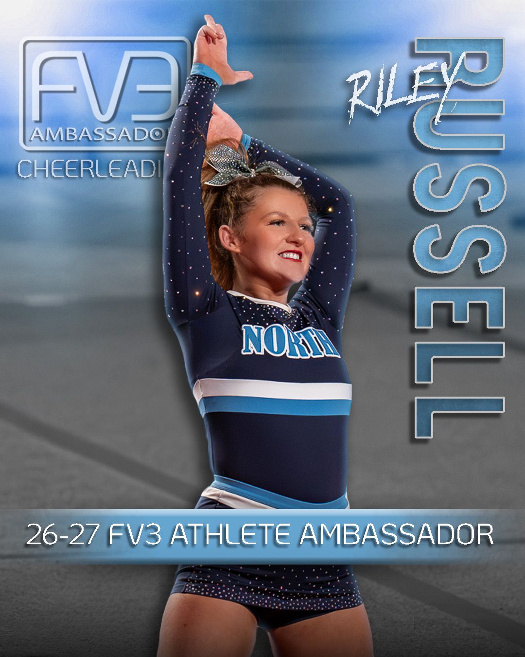 Fv3 Media Ambassador Riley Russell - Cheerleader Captain for Nashua North High School cheering as a base at a NHIAA spirit competition