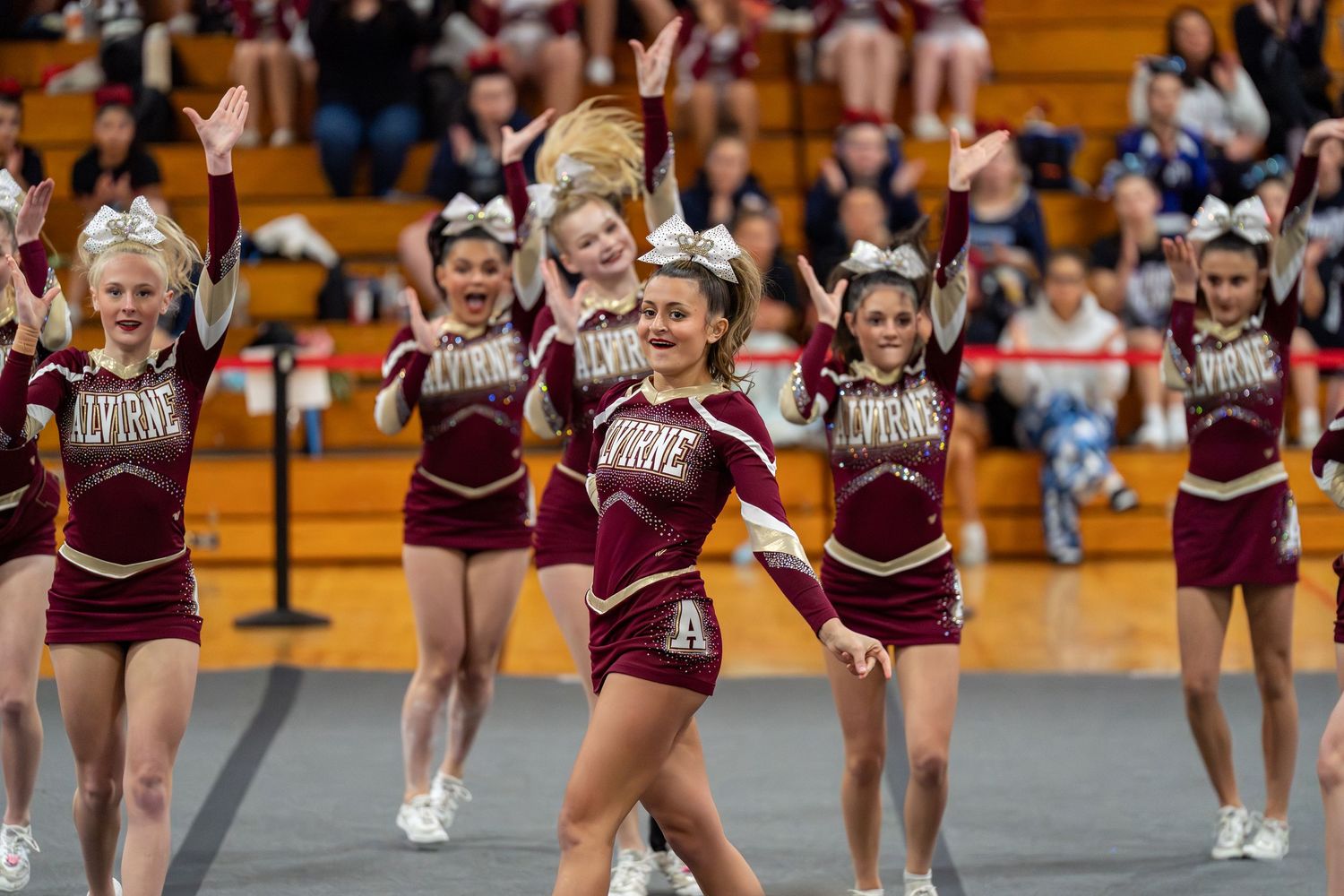 Fv3 Media Athlete Ambassador Indi Guilbeault - Cheerleader Captain for Alvirne High School cheering as a base at a NHIAA spirit competition