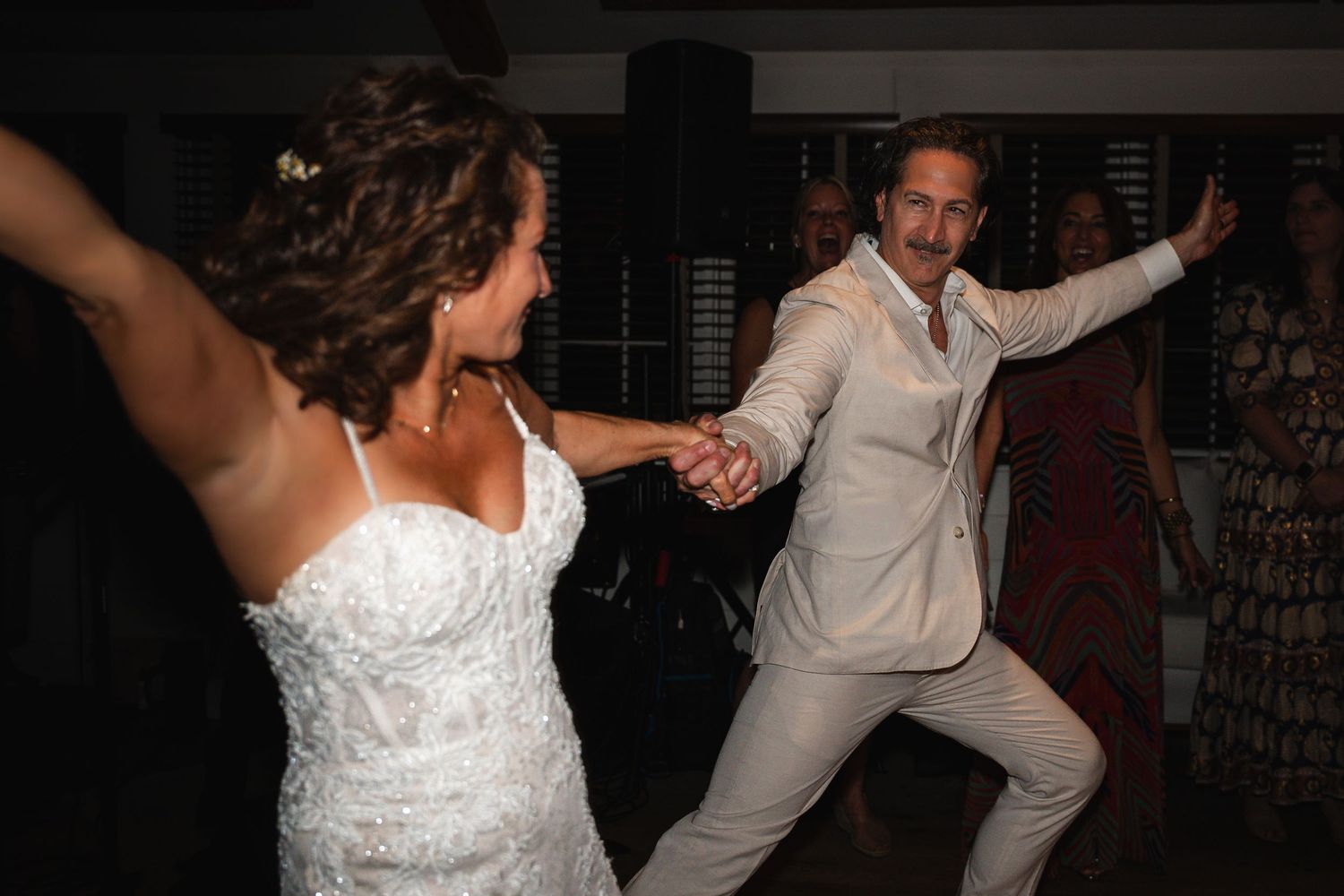 Photography bride and groom share a dramatic dance during reception after an elegant New England wedding ceremony celebration in Connecticut