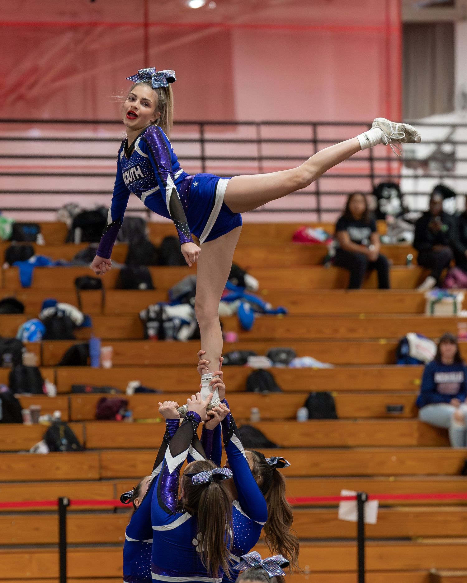 Fv3 Media Athlete Ambassador Destinee Garcia - Cheerleader for Nashua High School South cheering as a flyer at a NHIAA spirit competition