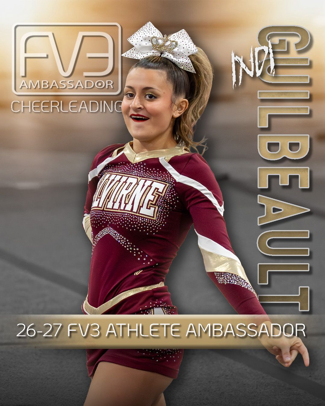 Fv3 Media Athlete Ambassador Indi Guilbeault - Cheerleader Captain for Alvirne High School cheering as a base at a NHIAA spirit competition