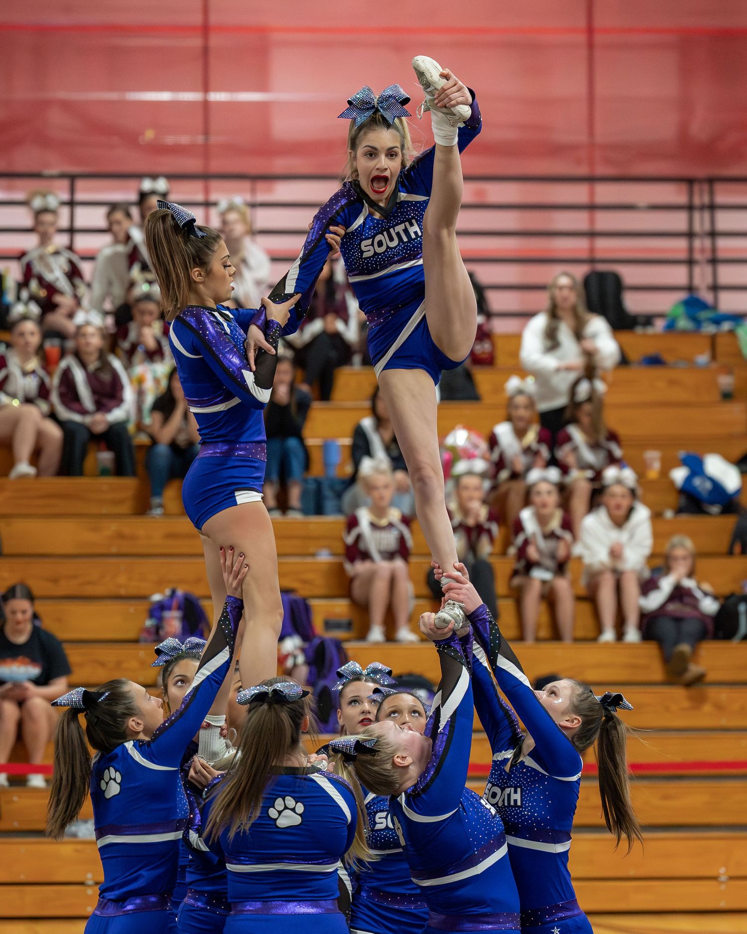 Fv3 Media Athlete Ambassador Destinee Garcia - Cheerleader for Nashua High School South cheering as a flyer at a NHIAA spirit competition