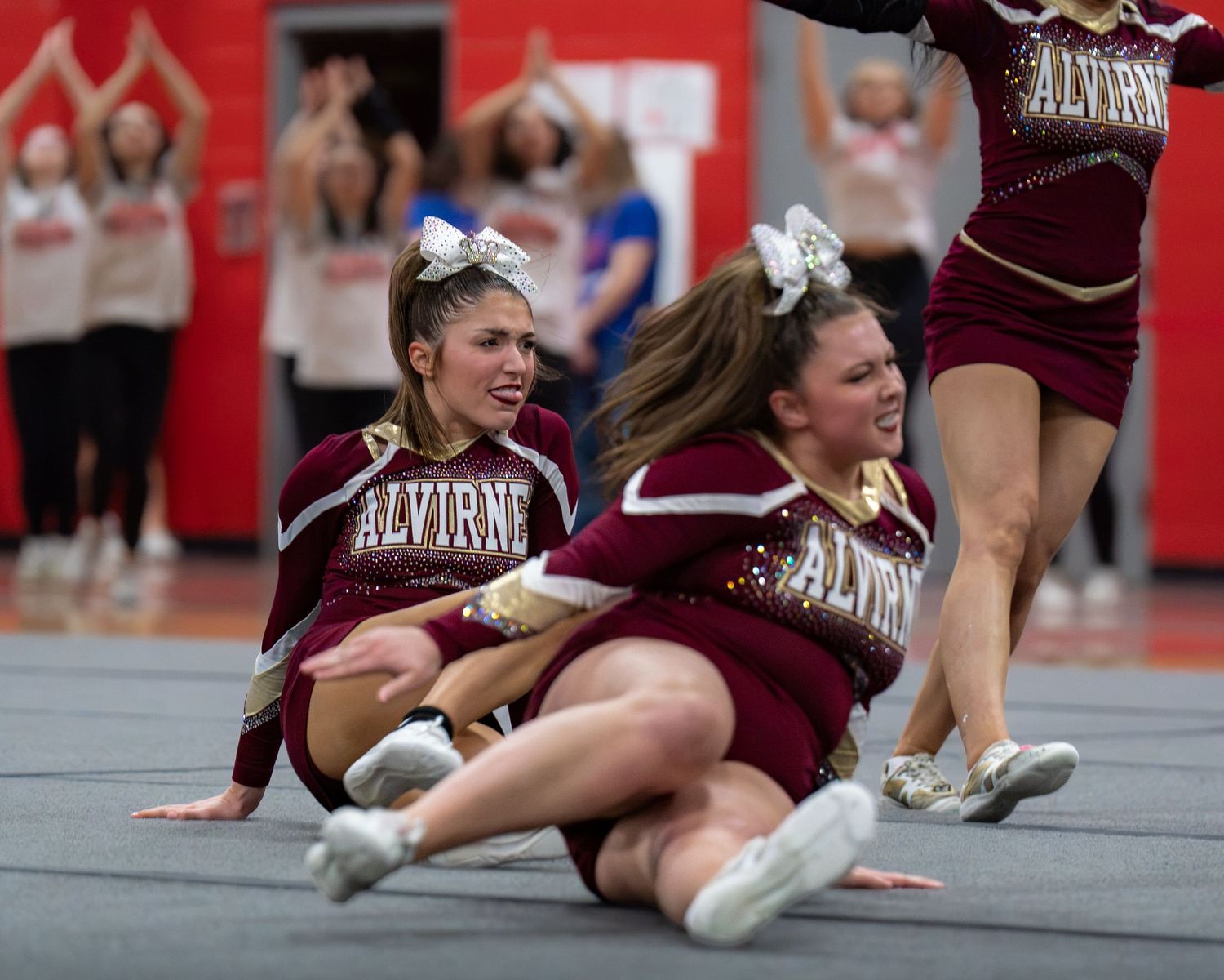 Fv3 Media Athlete Ambassador Abby Labonte - Cheerleader Captain for Alvirne High School cheering as a base at a NHIAA spirit competition