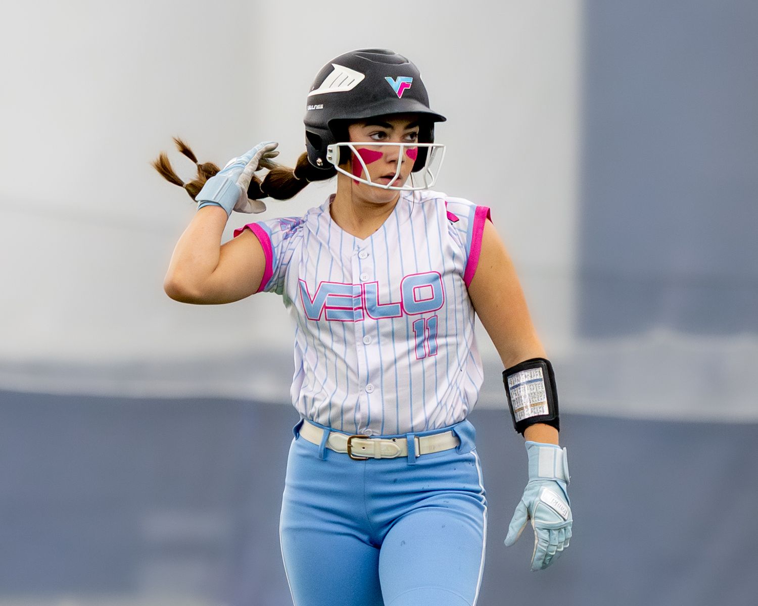 Fv3 Media Sports photography Velocity Fast Pitch Softball catcher Olivia Pearson gets on base during a Massachusetts tournament