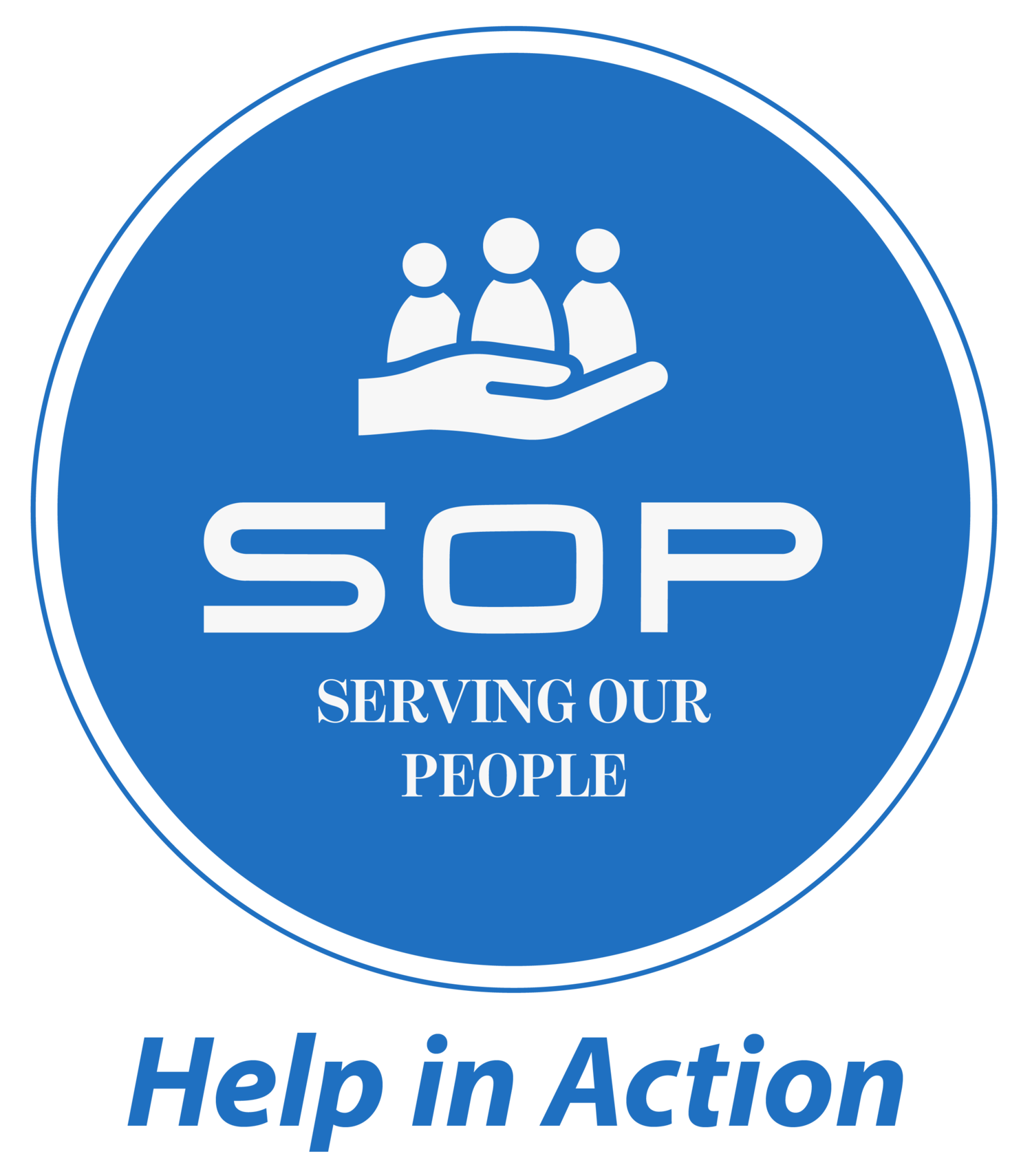 Blue circular logo for SOP (Serving Our People) with white icons and text reading Help in Action.