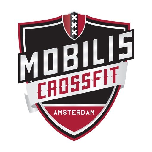 Shield-style logo for Mobilis CrossFit Amsterdam in red, black and white colors.