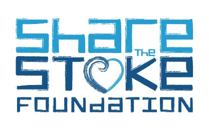 Blue gradient text logo for Share the Stoke Foundation with heart design element.