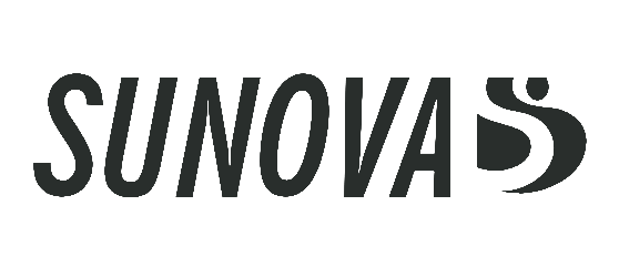 Black minimalist Sunova logo with stylized S design against white background.