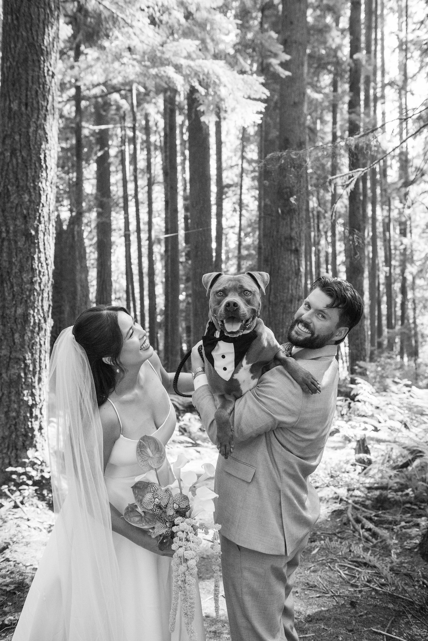 A couple shares a romantic moment in a snowy winter forest setting wearing cozy winter attire.