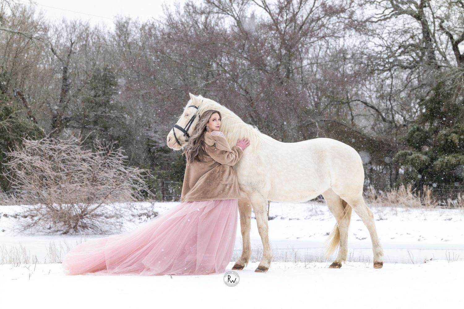 girl wearing long pinky flowy dress standing next to a white horse in the snow, Dallas equine photographer
