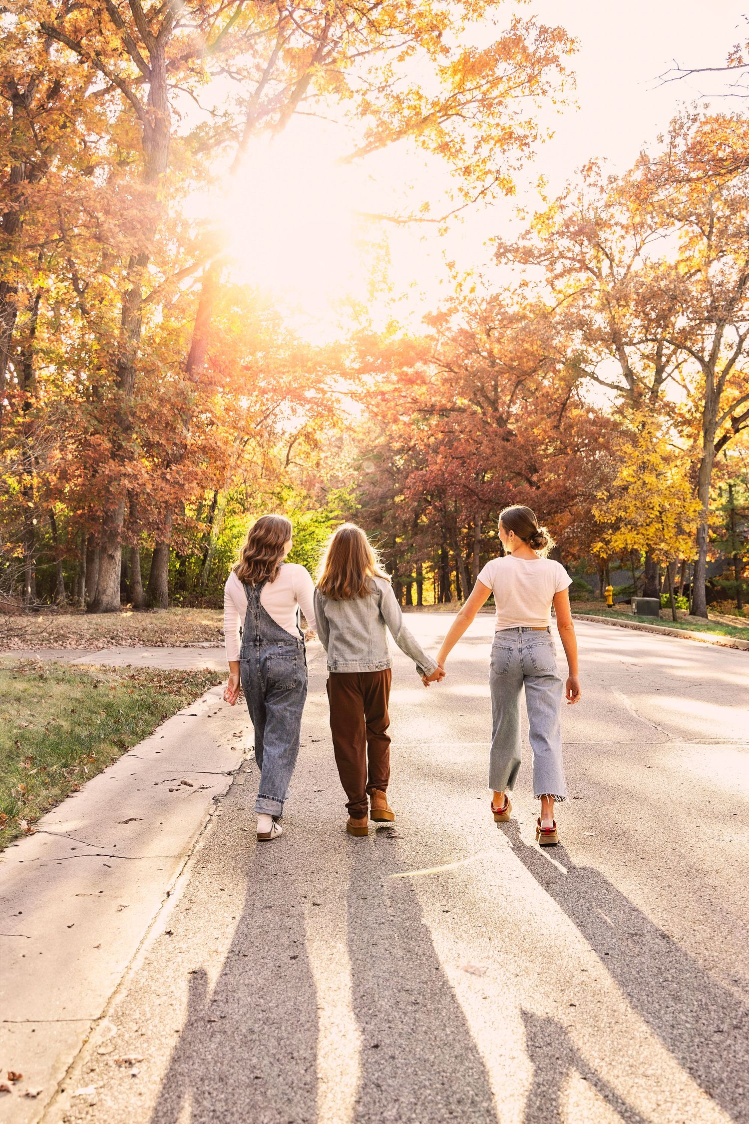 Daughters walking holding hands during a family photography session during the fall in Urbandale, Iowa