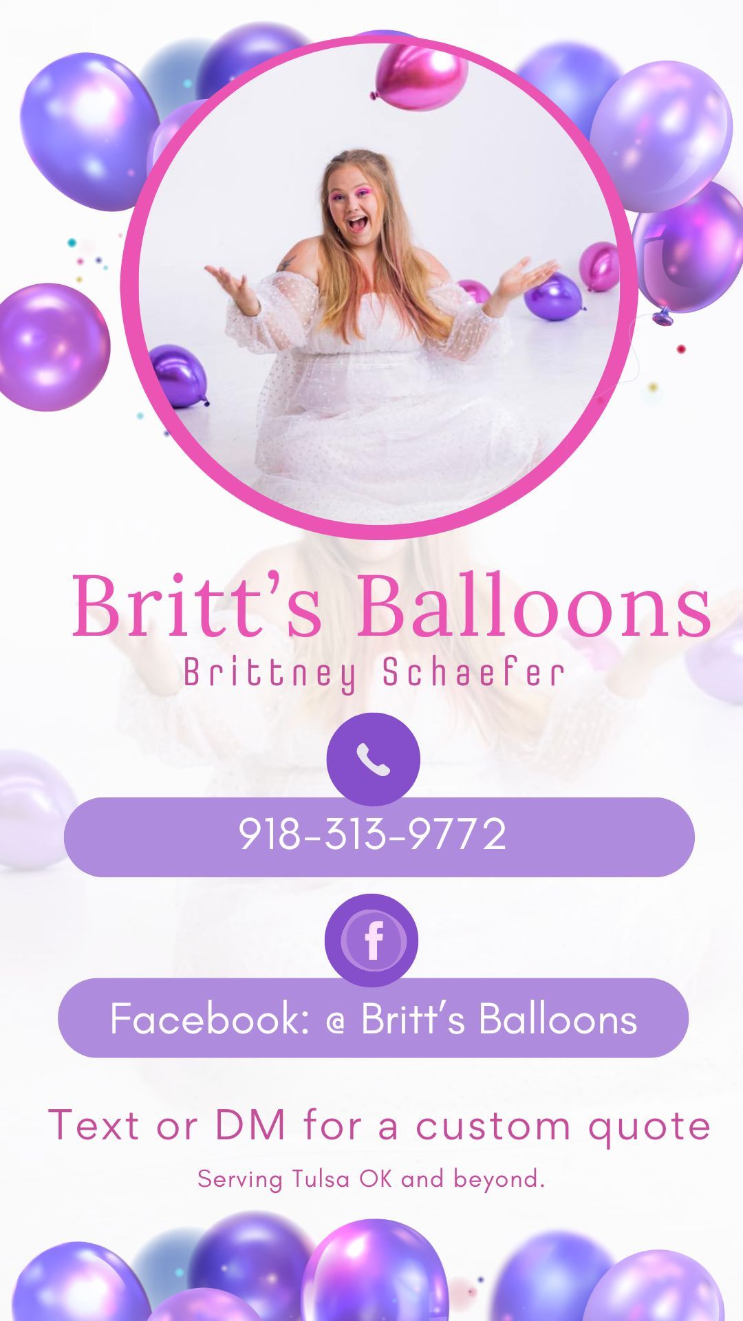 Purple and pink balloon business banner design with social media information.