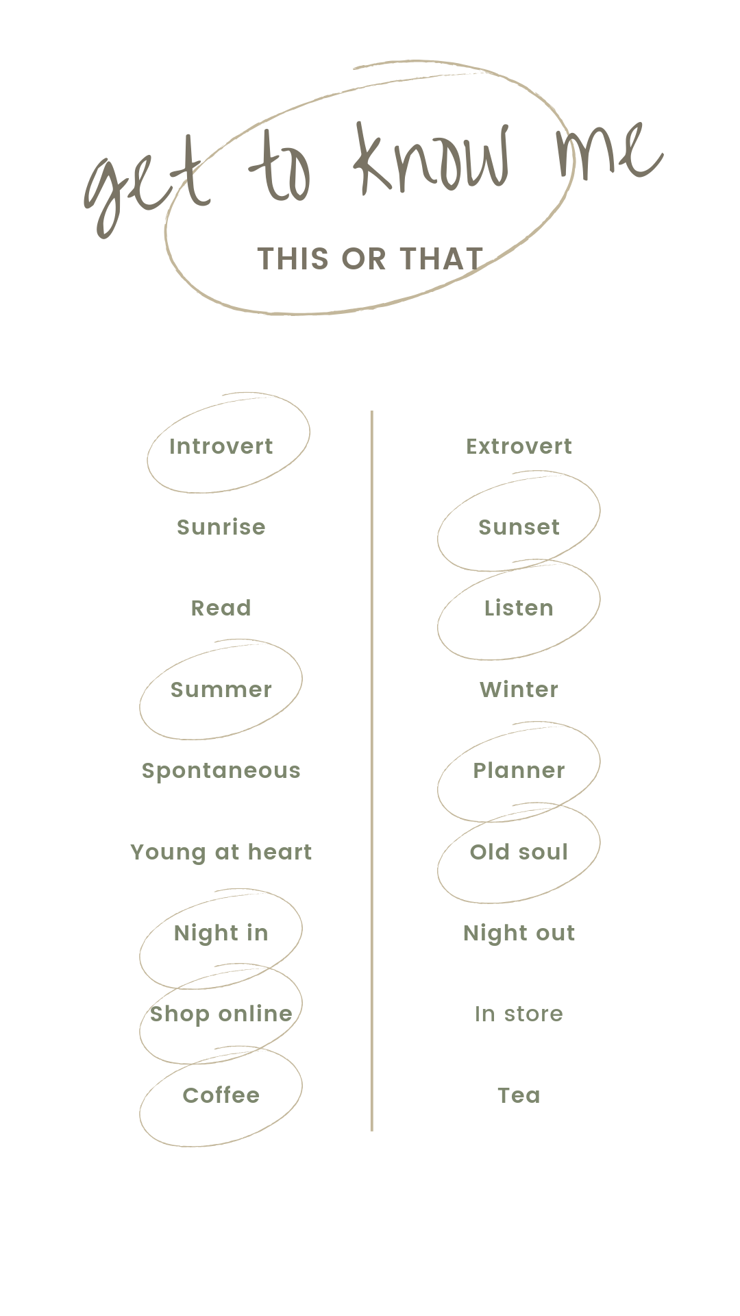 Simple black and white preference chart showing personality and lifestyle choices.