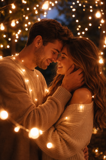 A romantic couple shares an intimate moment surrounded by glowing string lights in a cozy winter setting.