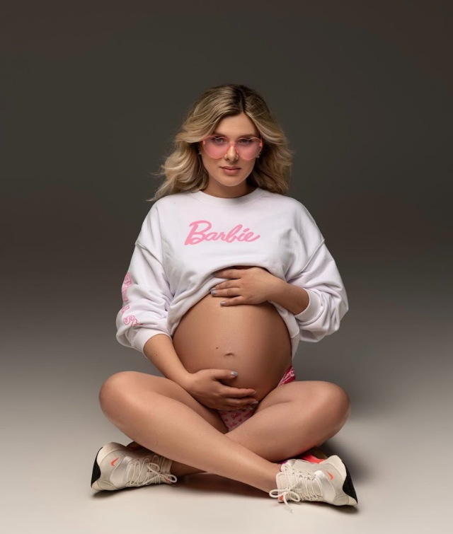 A series of maternity photos showing a pregnant belly in a white Barbie t-shirt against a neutral background.