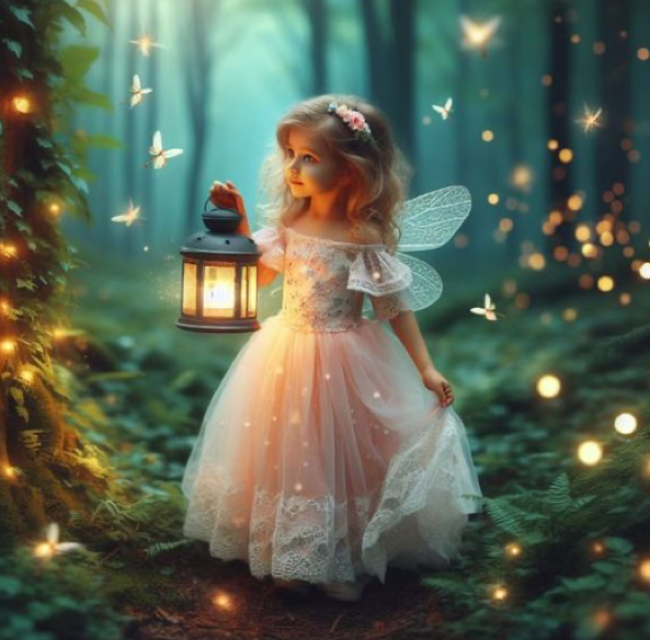 A young girl in a fairy costume with wings holds a glowing lantern in an enchanted forest with butterflies.