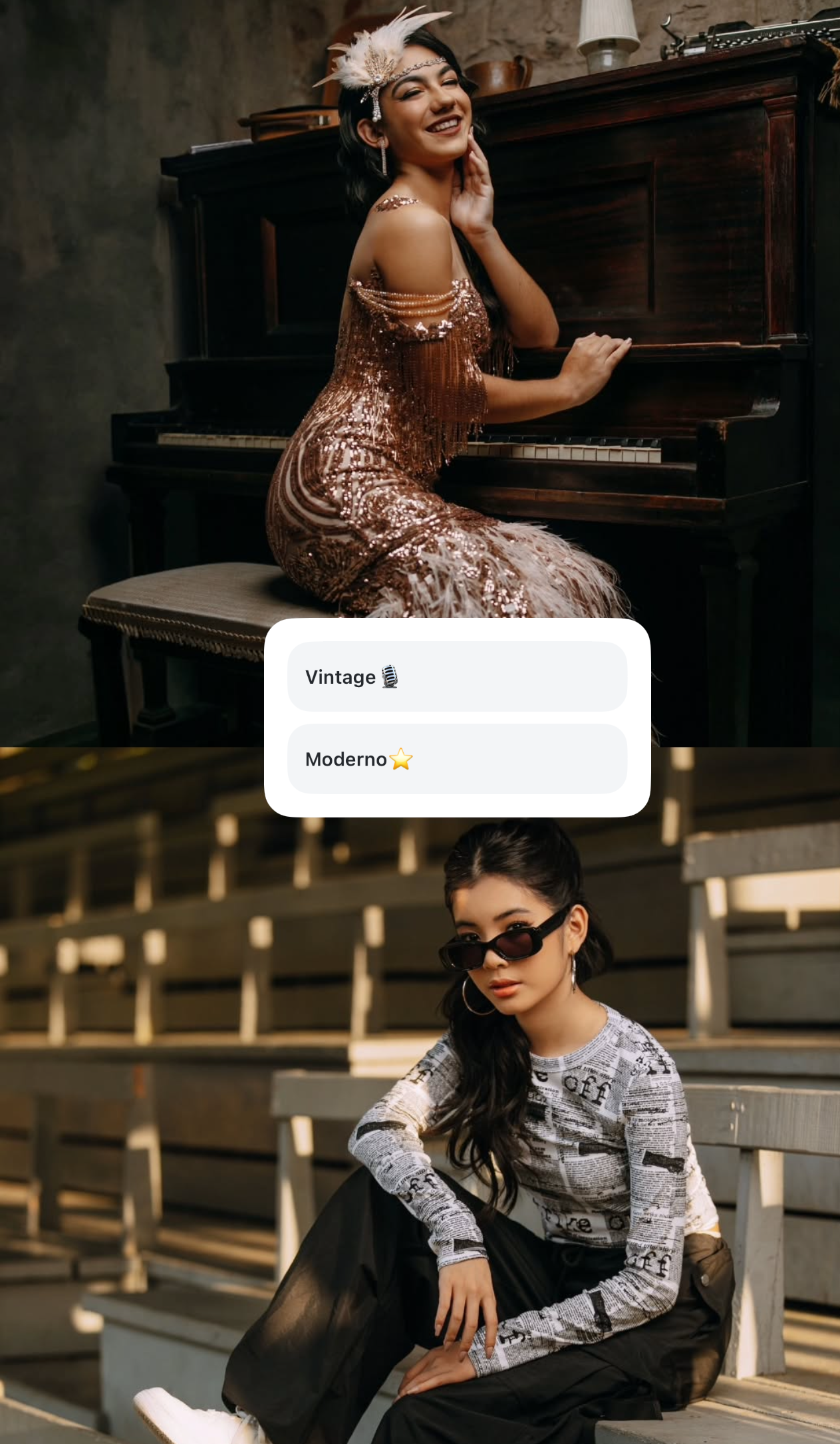 Collage of two women, one in vintage sequin dress at piano, one in modern streetwear with sunglasses.