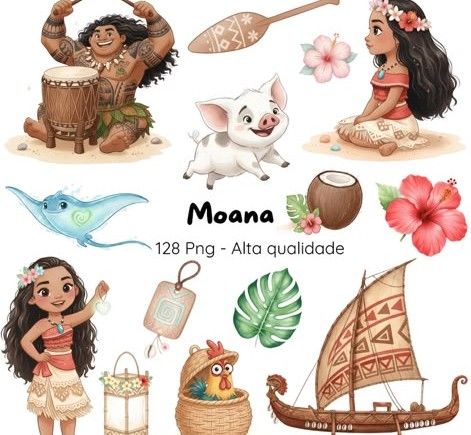 Moana Disney clipart collection featuring 128 high-quality PNG illustrations of characters, tropical elements, and accessories.