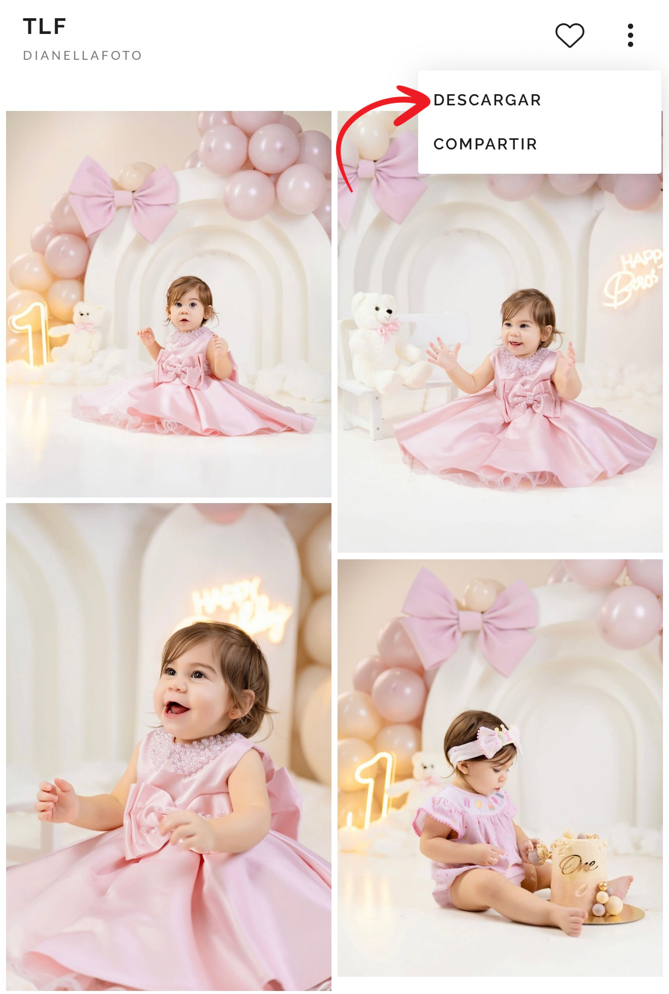Baby girl in pink dress at 1st birthday party with balloons and decorations in soft pink tones.