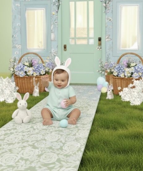 Easter themed photo setup with bunny decorations, pastel eggs, and floral arrangements on a white blanket against mint walls.