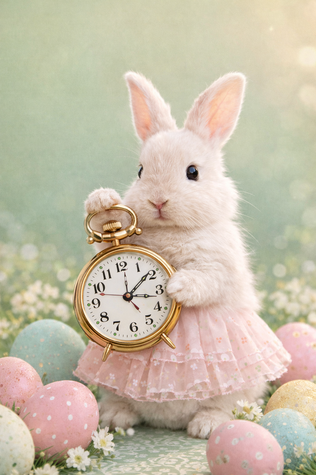 A white bunny in a pink tutu dress sits next to a vintage gold alarm clock and pastel Easter eggs on a dreamy backdrop.