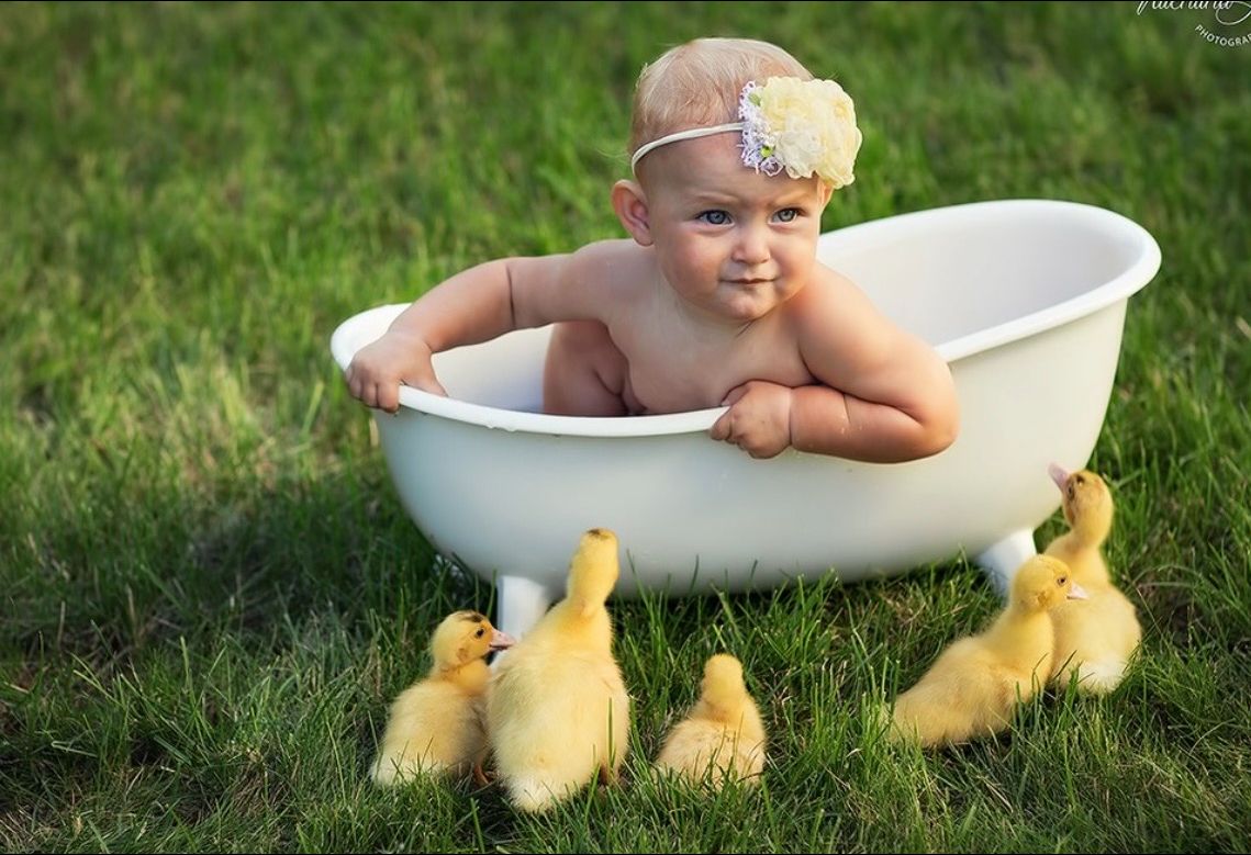 Baby girl in tiny white bathtub on grass surrounded by fluffy yellow ducklings in an adorable outdoor photo.
