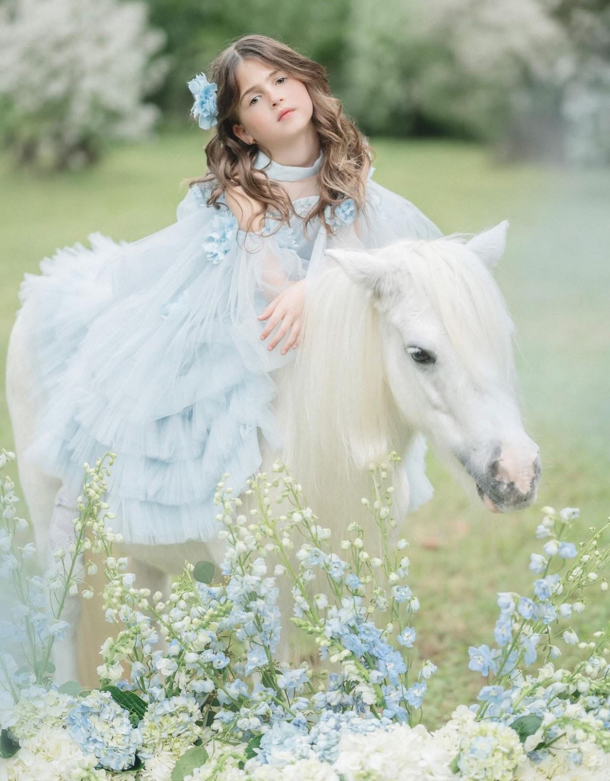 A young girl in a blue tulle gown with floral accents poses beside a white pony among soft blue hydrangeas outdoors.