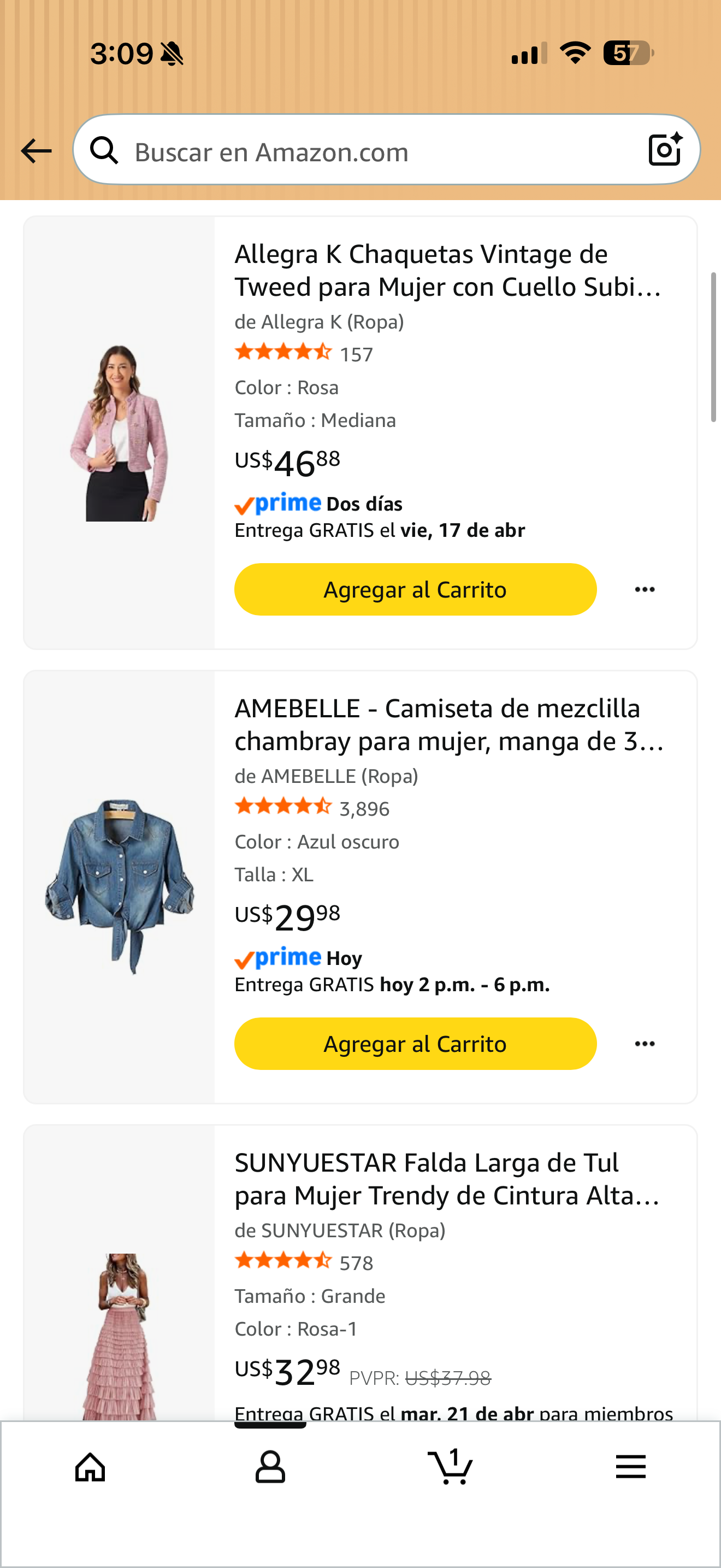 Amazon app showing women's clothing listings including a tweed jacket, denim shirt, and tulle skirt with prices and Prime delivery options.