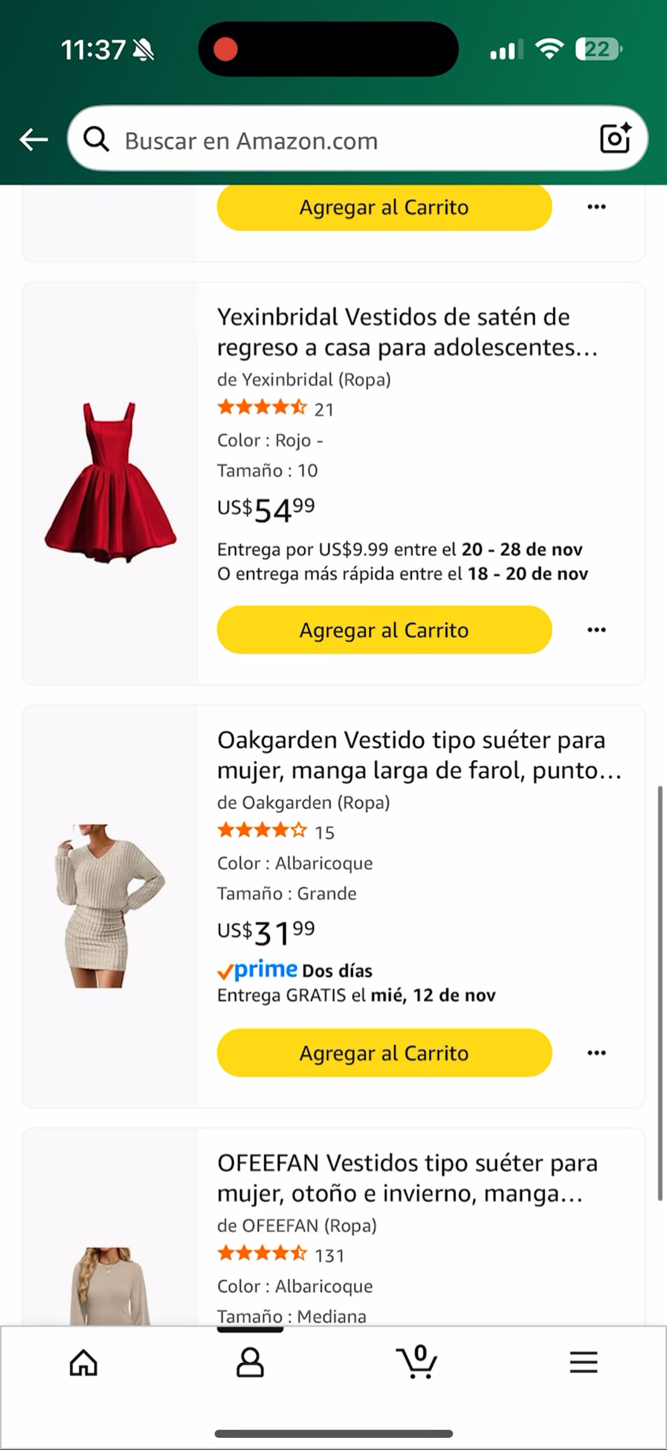 Amazon mobile app shopping interface showing clothing listings with prices and add to cart buttons.