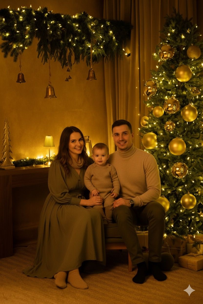 Family poses together in front of decorated Christmas tree with gold ornaments and warm lighting.