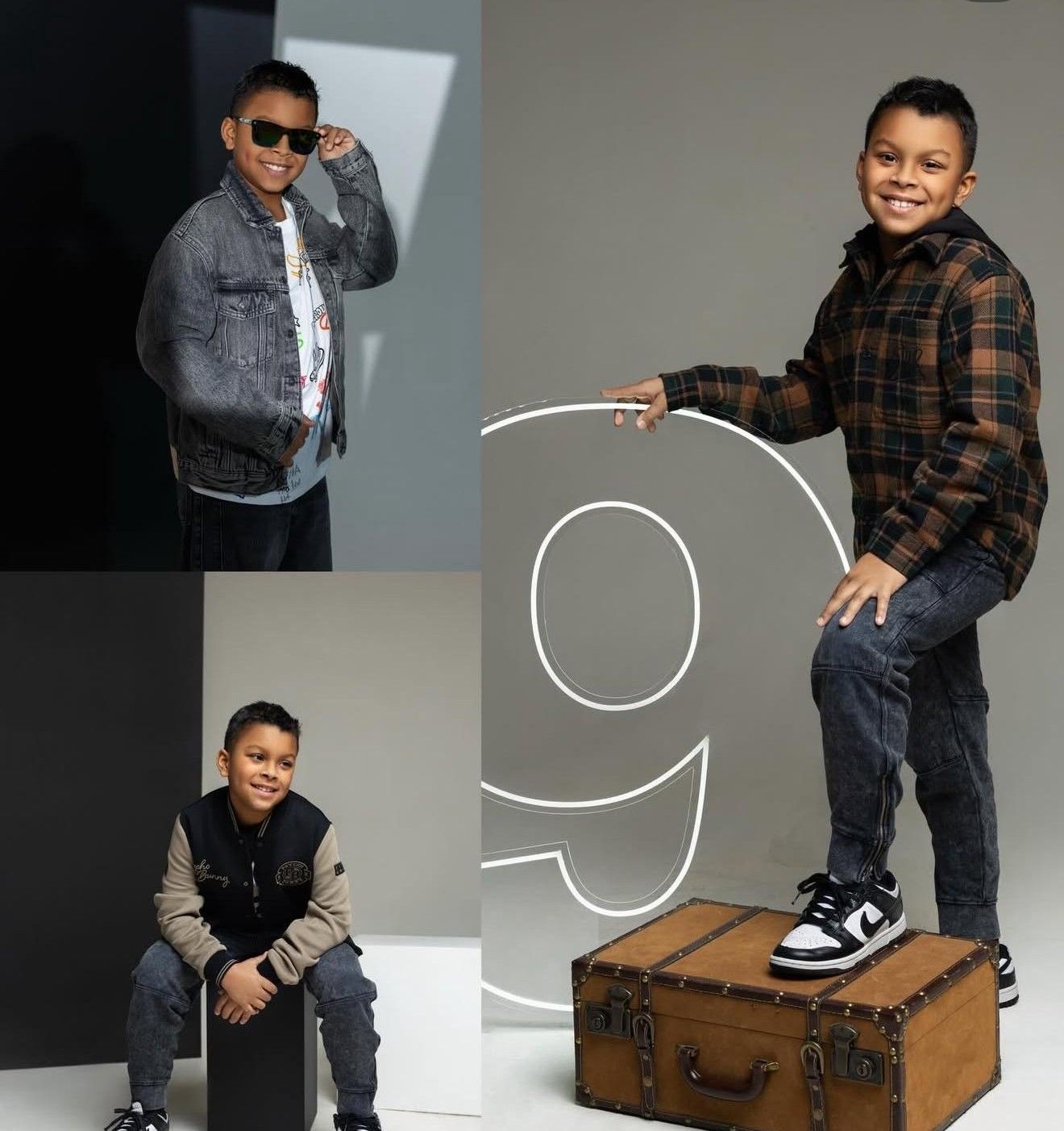 A young boy poses in three outfits for a 9th birthday photo collage, wearing stylish casual clothes and Nike sneakers.
