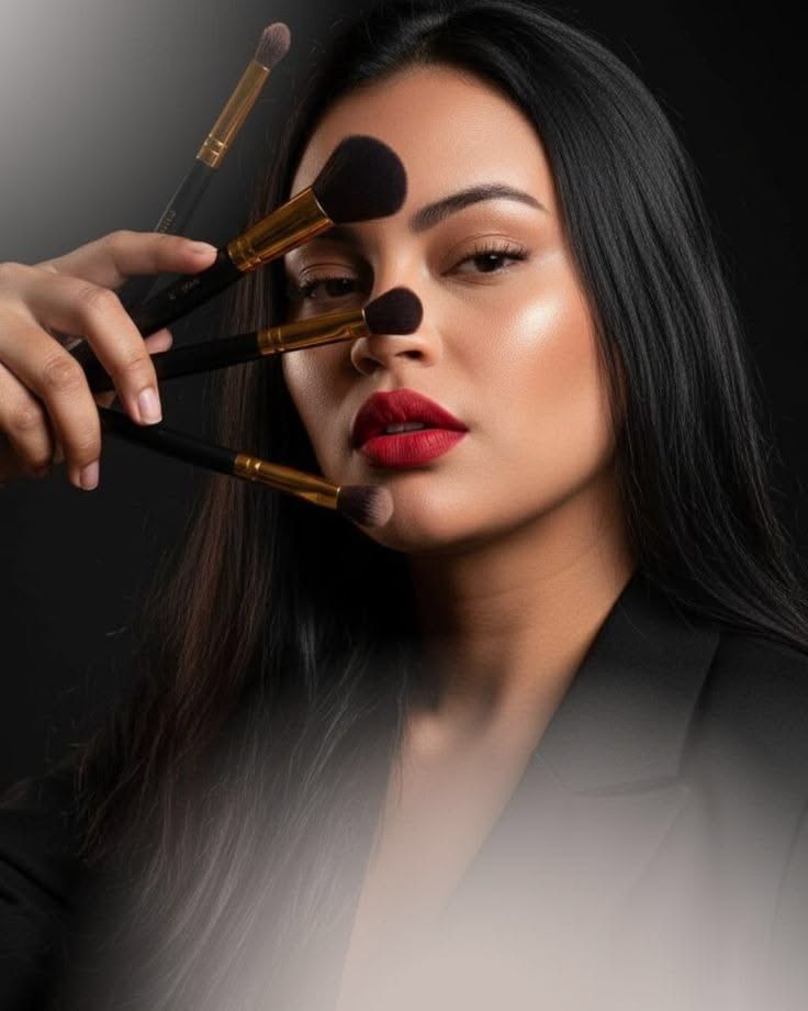 Woman with red lips holding gold makeup brushes near her face against dark background, showcasing professional beauty tools.