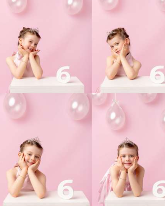A young girl in a pink dress and tiara poses at a white table with balloons and the number 6 on a pink background.