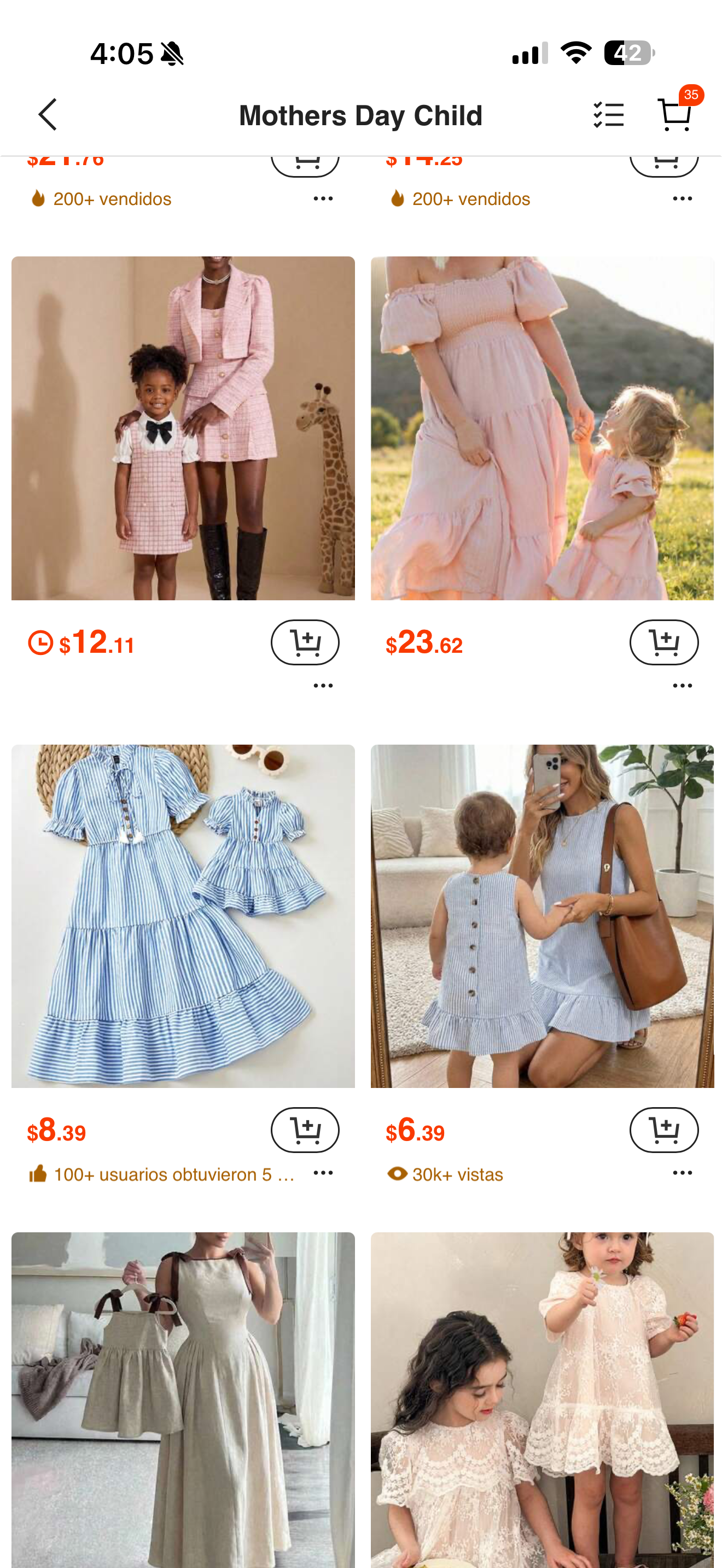 A mobile shopping app displaying matching mother-daughter dresses for Mothers Day, featuring pink, blue, and white styles priced from $6.39.