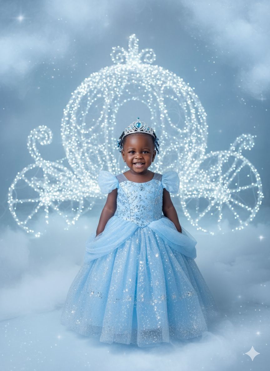 Young girl in blue Cinderella gown and tiara poses before a sparkling carriage backdrop in a magical princess photo.