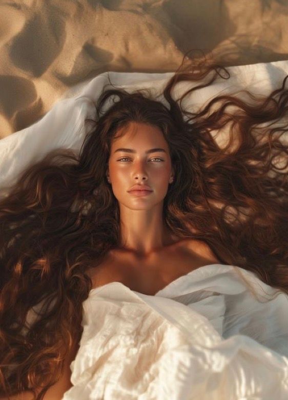 Young woman with long wavy brown hair lying on sand wrapped in white linen, golden sunlight, serene beach portrait.