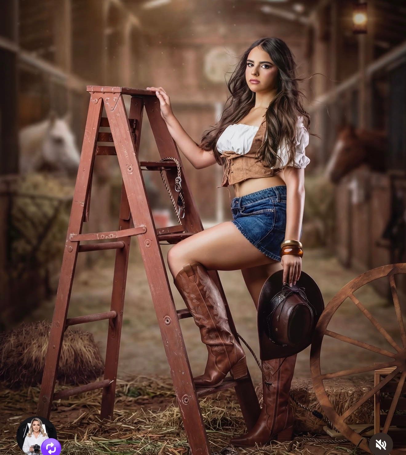 Young woman in cowgirl outfit with boots and denim shorts poses by a wooden ladder in a rustic barn setting.