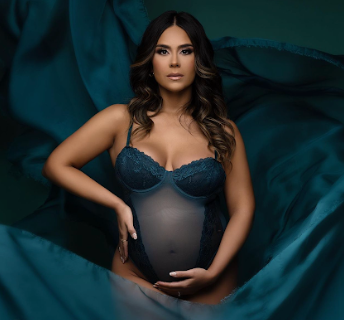 A series of moody boudoir photos featuring a woman in dark blue lingerie against a teal backdrop.