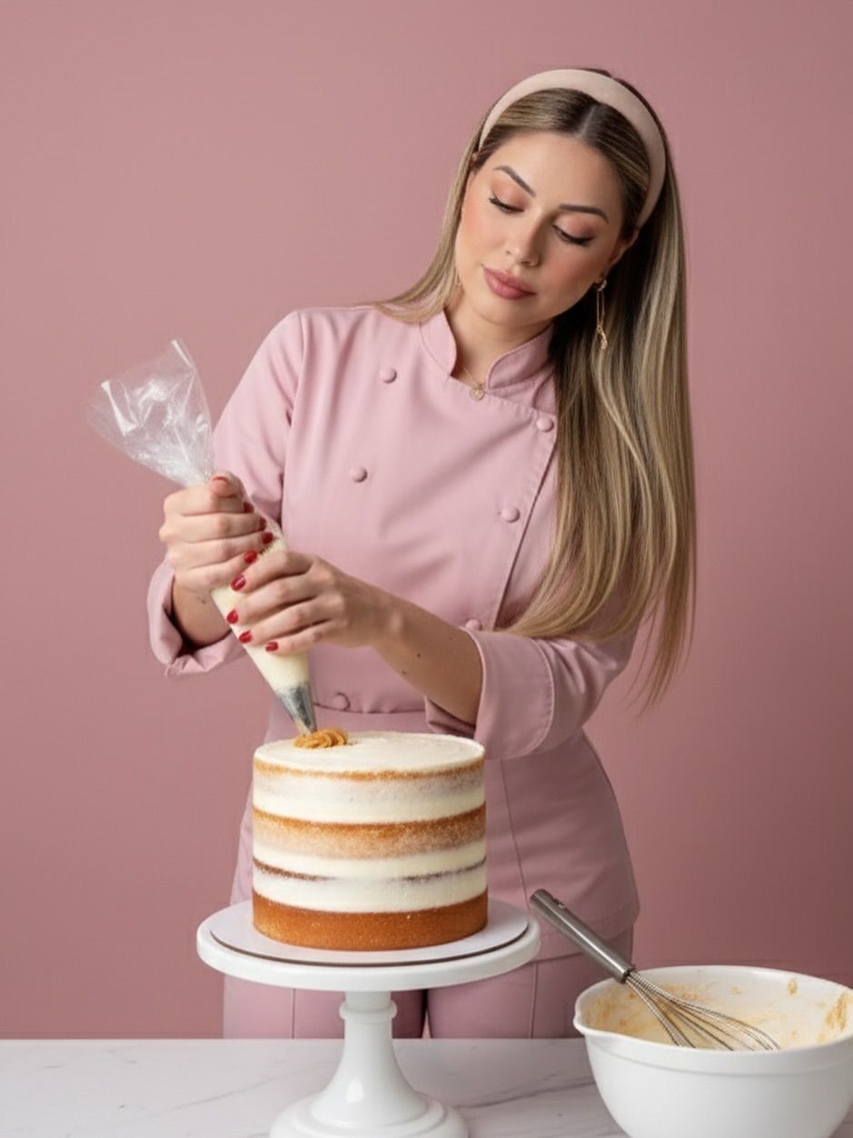 A female pastry chef in pink uniform decorating a layered cake with a piping bag on a white cake stand.