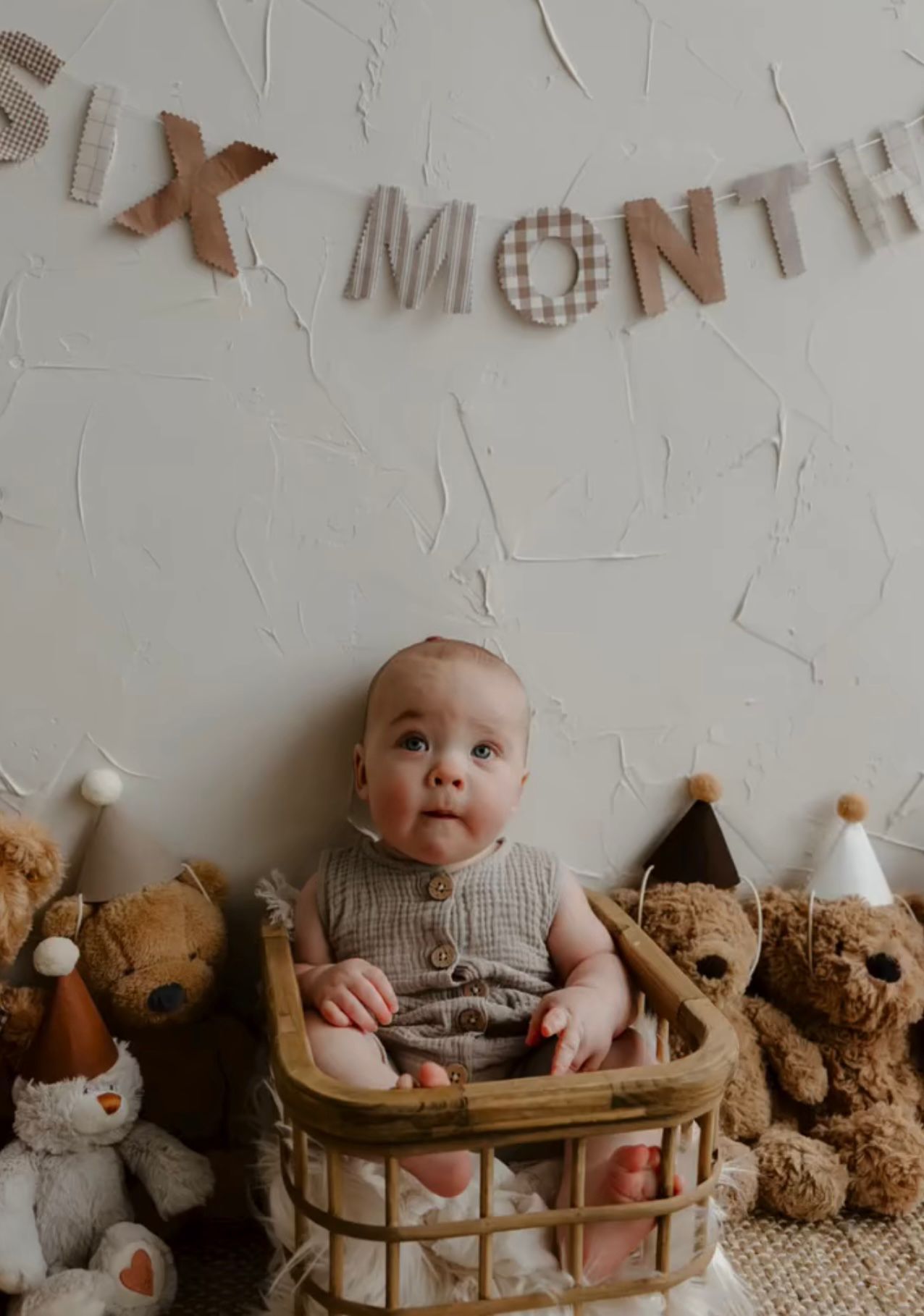 Six-month-old baby sitting in a wicker basket surrounded by teddy bears under a banner reading SIX MONTHS.