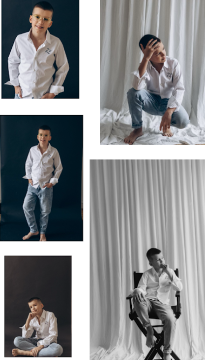 Fashion photo collage showing casual white shirt and jeans styling against white curtain backdrop.