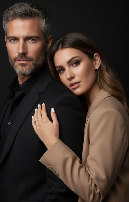 Elegant couple in formal wear pose for dramatic portrait against dark background with contrasting black and beige outfits.