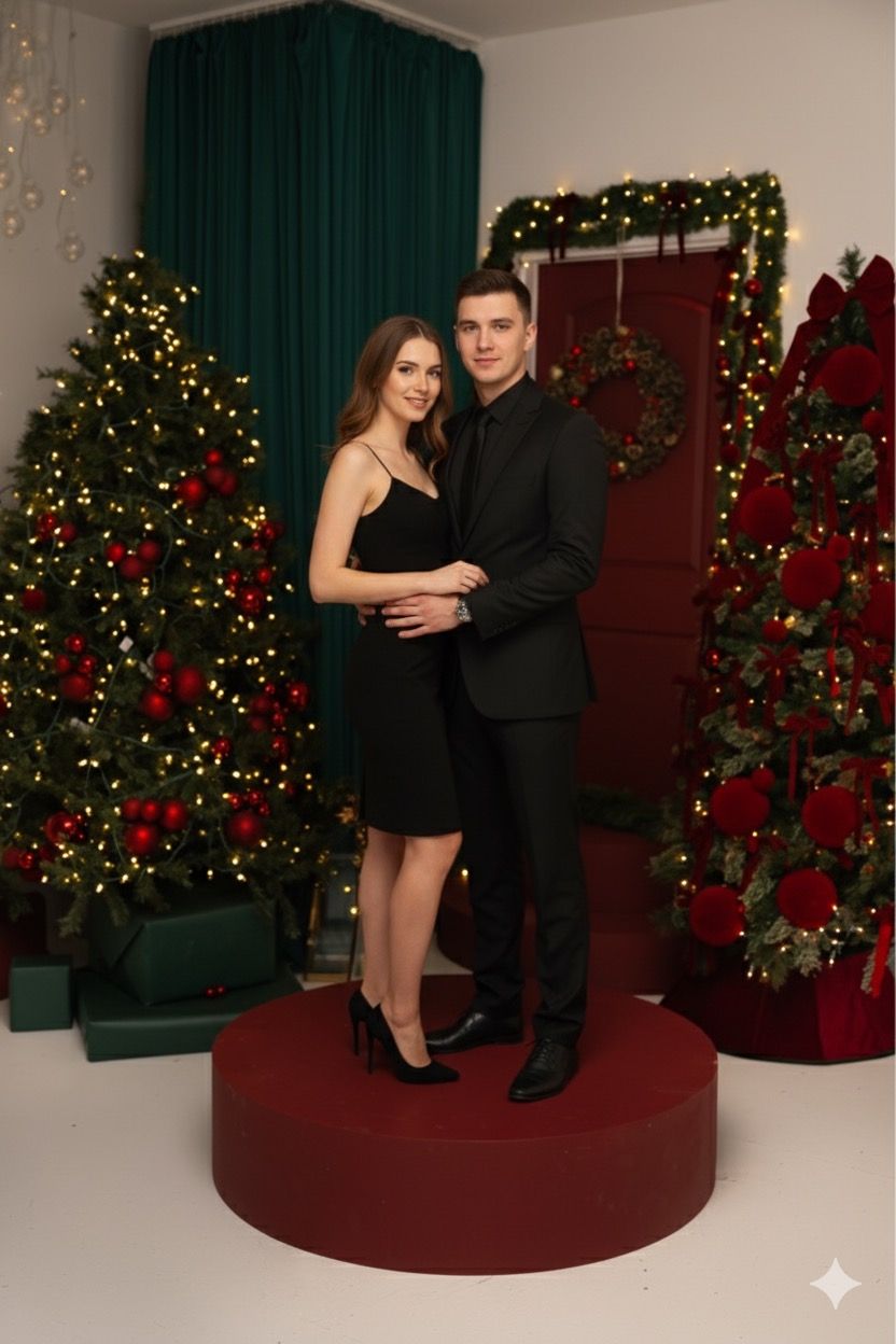 A couple in formal black attire poses on a red platform surrounded by decorated Christmas trees and holiday decor.