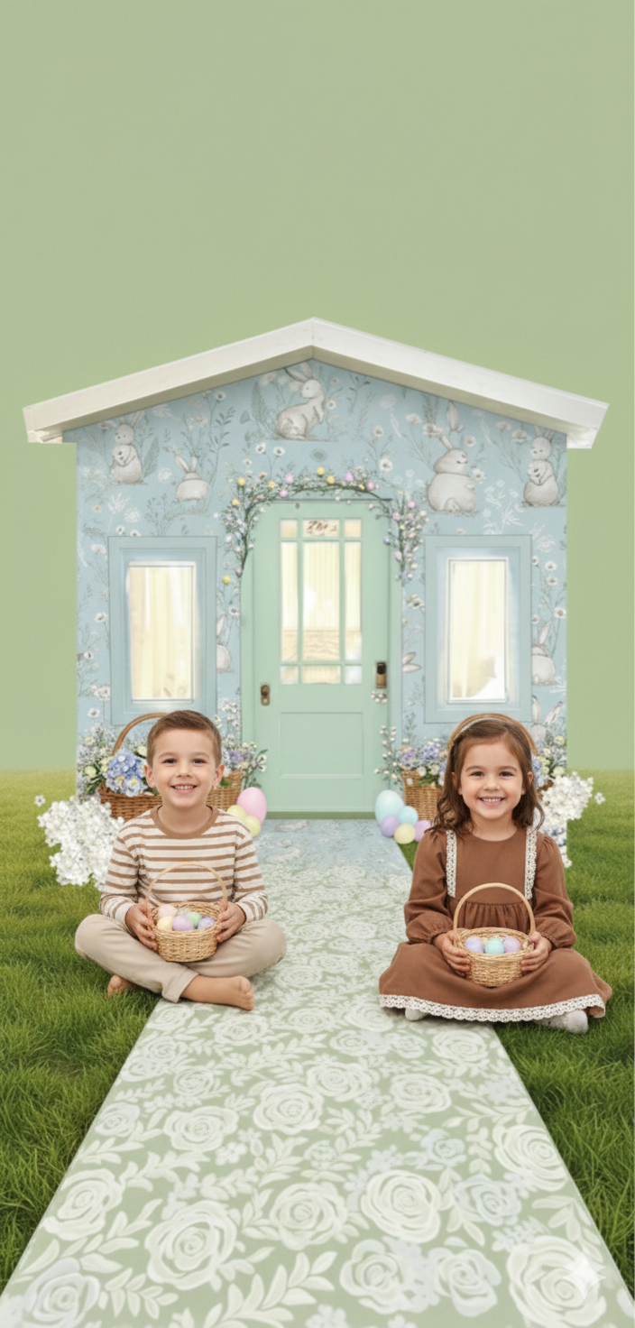 A whimsical playhouse with mint green door and floral wallpaper features children sitting with Easter baskets on a rose pathway.