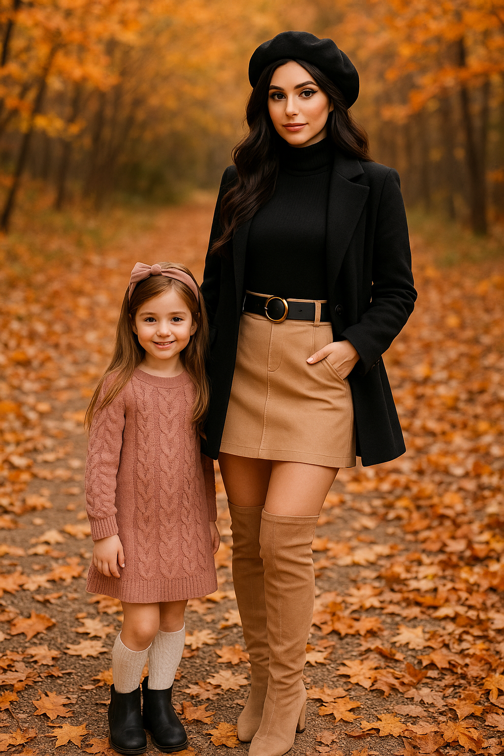 Mother and daughter in coordinating autumn outfits walk through fallen orange leaves in a forest setting.