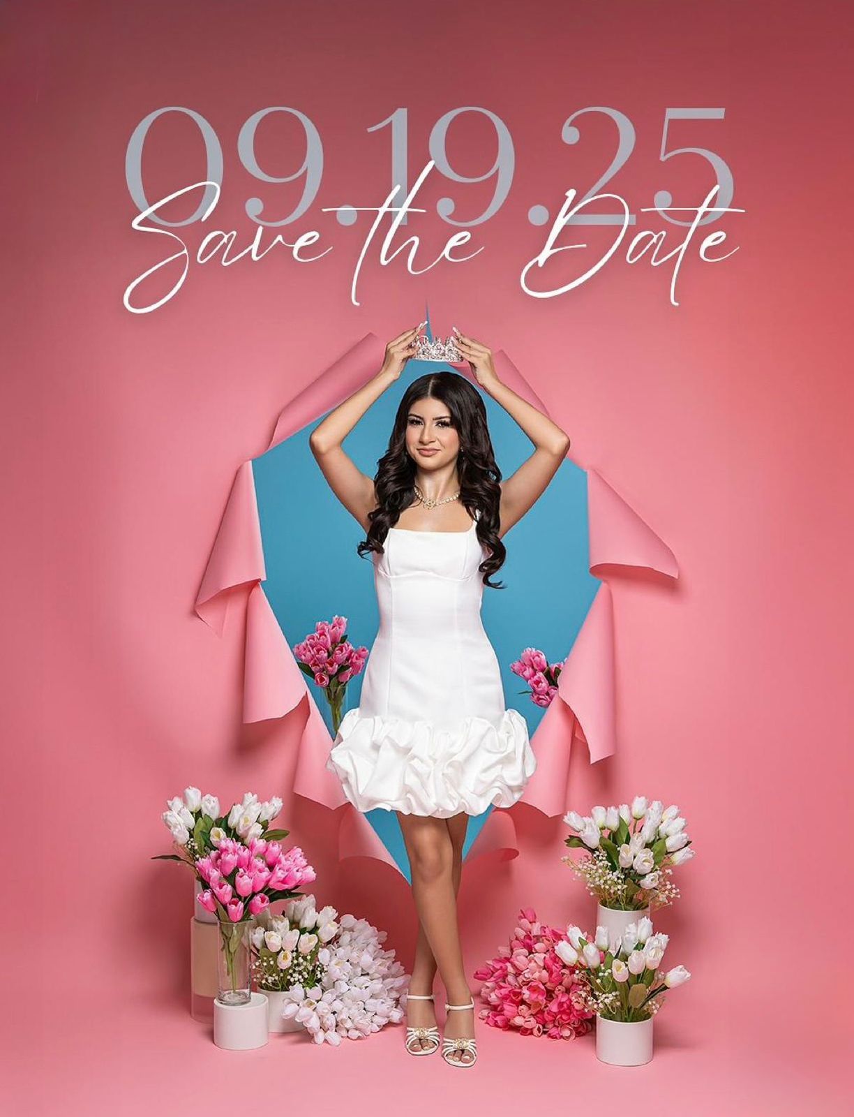 Young woman in white dress holds tiara for quinceañera save the date photo.